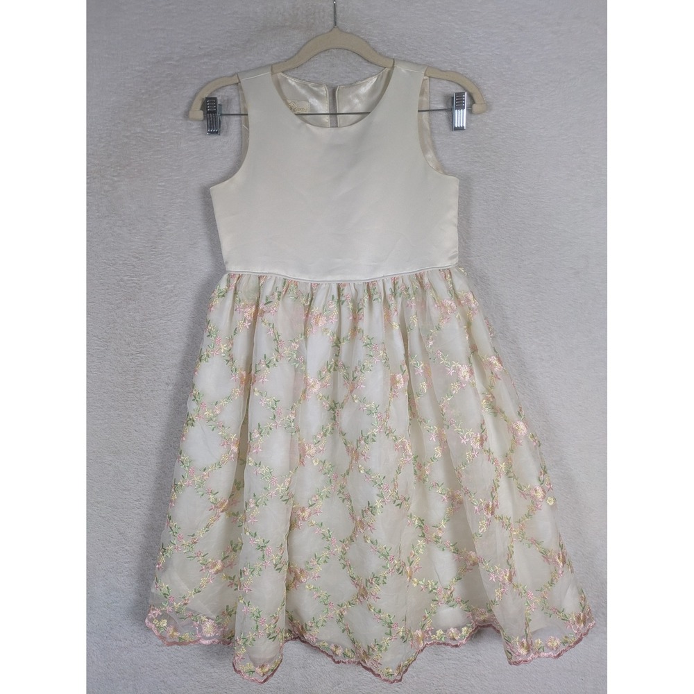 American Princess Floral Embroidered Dress Girl's 10 Cream Pink Satin Fit Flare